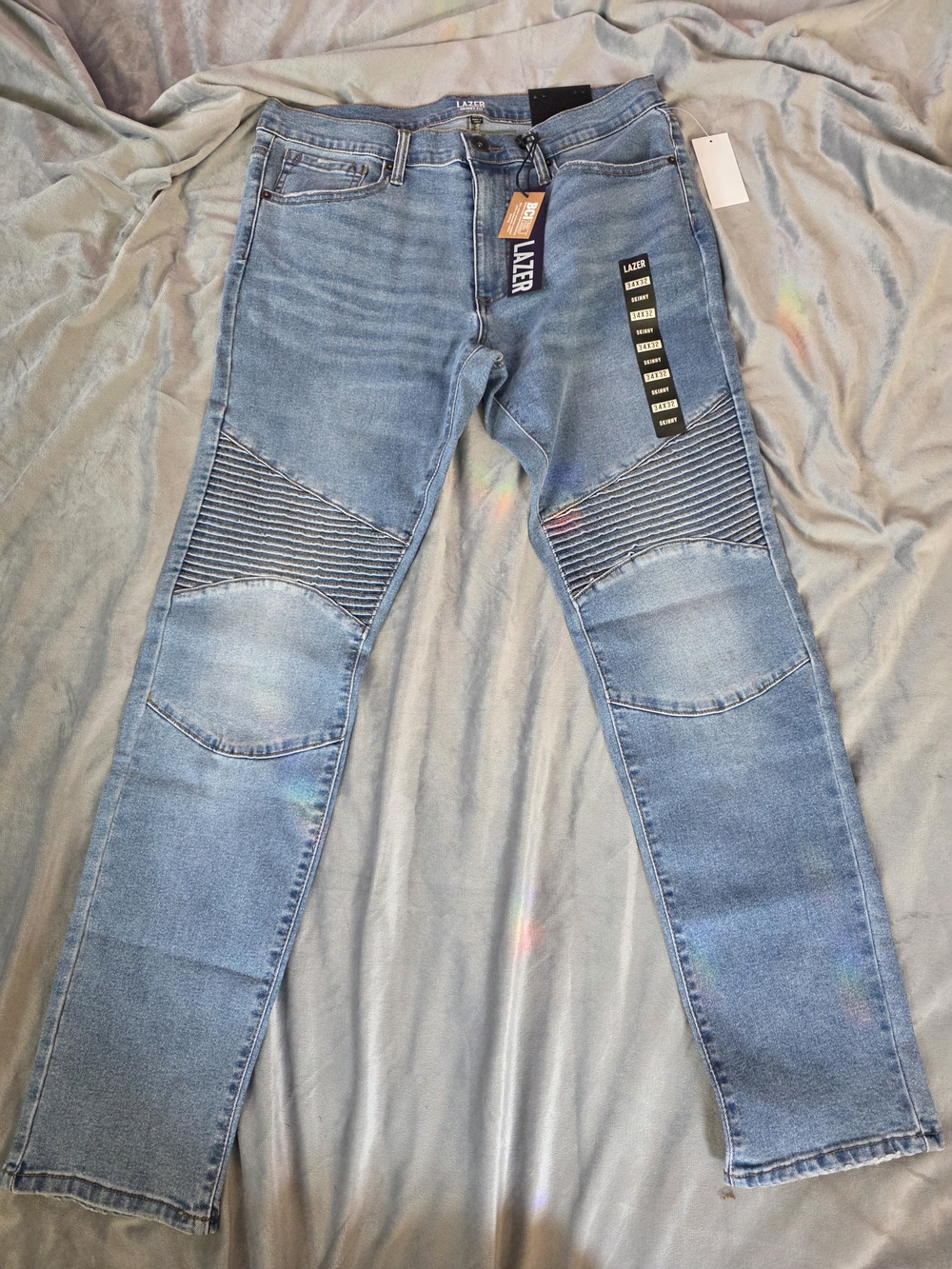 Lazer Men's Light Blue Skinny Moto Jeans with Ribbed Knee Panels
